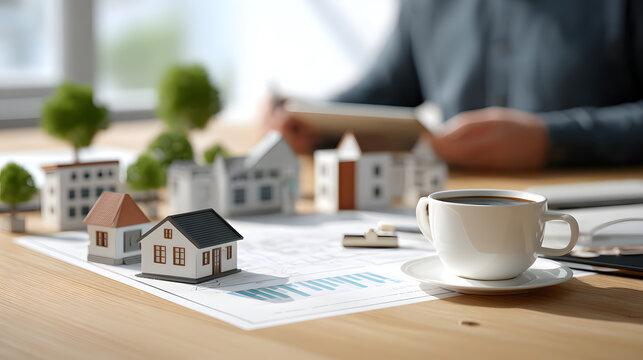 Office desk with miniature houses and coffee cup table