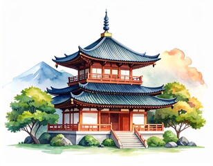 Obraz premium Watercolor illustration of a serene zen temple nestled amidst lush greenery and mountains