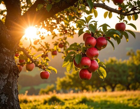 Apple tree at sunset with vibrant fruits - Powered by Adobe