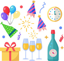 New Year party icons vector pack with champagne glasses, balloons, gift box, fireworks, confetti and party hat