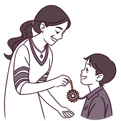 A sister lovingly ties a rakhi bracelet around her younger brother s wrist celebrating the auspicious occasion of raksha bandhan