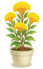 Watercolor Yellow Cockscomb in White Ceramic Pot