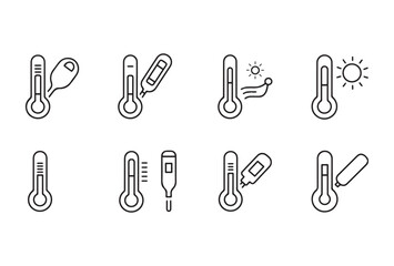 Set of black thermometer icons on white background. Minimalist symbols representing medical, weather, and temperature measurement