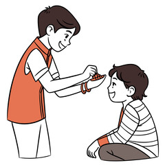 A brother lovingly feeds his younger sibling a sweet treat during a festival celebrating their bond and family traditions