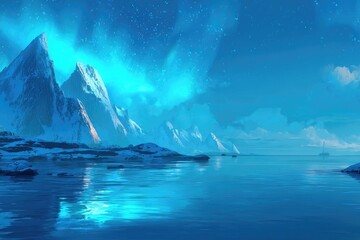 Frozen mountains reflect in a tranquil sea, glowing aurora
