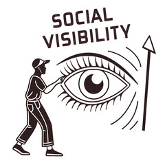 Man interacting with a giant eye symbolizing social visibility and public attention with an upward trending arrow indicating growth or awareness