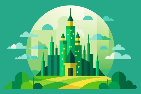 Emerald City Illustration with Green Buildings Yellow Brick Road and Clouds Against a Moon