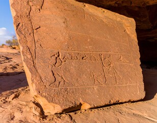 Ancient petroglyphs carved into a large sandstone slab, partially sheltered by an overhang