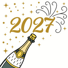 Golden 2027 new year celebration champagne bottle popping cork with sparkles and confetti illustration
