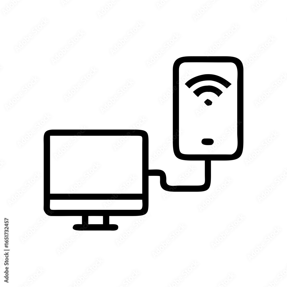 Poster illustration of a desktop computer connected via cable to a mobile phone displaying a wifi signal ic