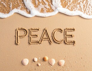 The image features the word "PEACE" written in sand on a beach, surrounded by seashells and gentle ocean waves lapping at the shore.
