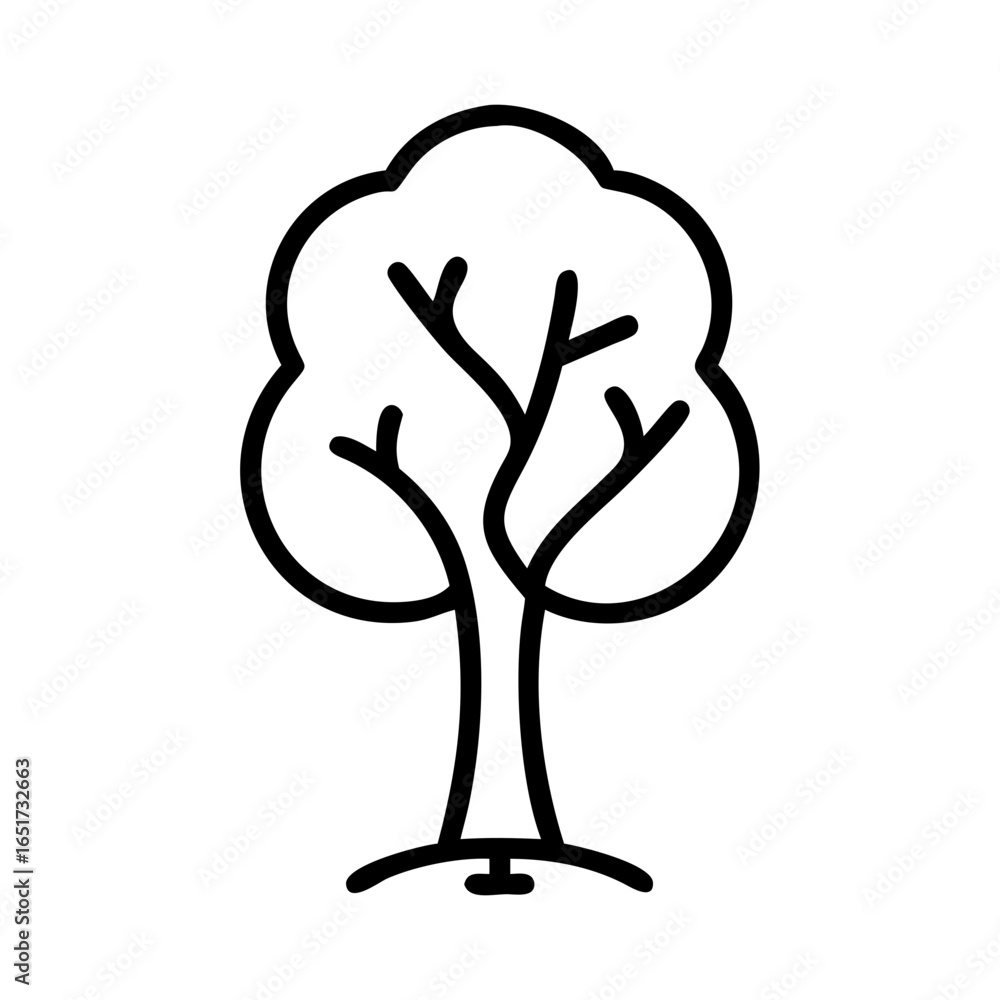 Poster illustration of a simple tree with rounded crown and visible branches in black outline on white back