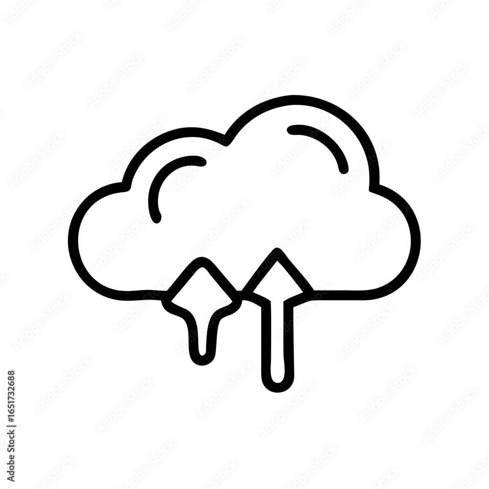 Poster cloud with two upward arrows indicating data upload or transfer in a simple outline style drawing de