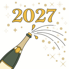 Champagne bottle popping with celebratory splashes and stars announcing the arrival of the year 2027 with golden accents