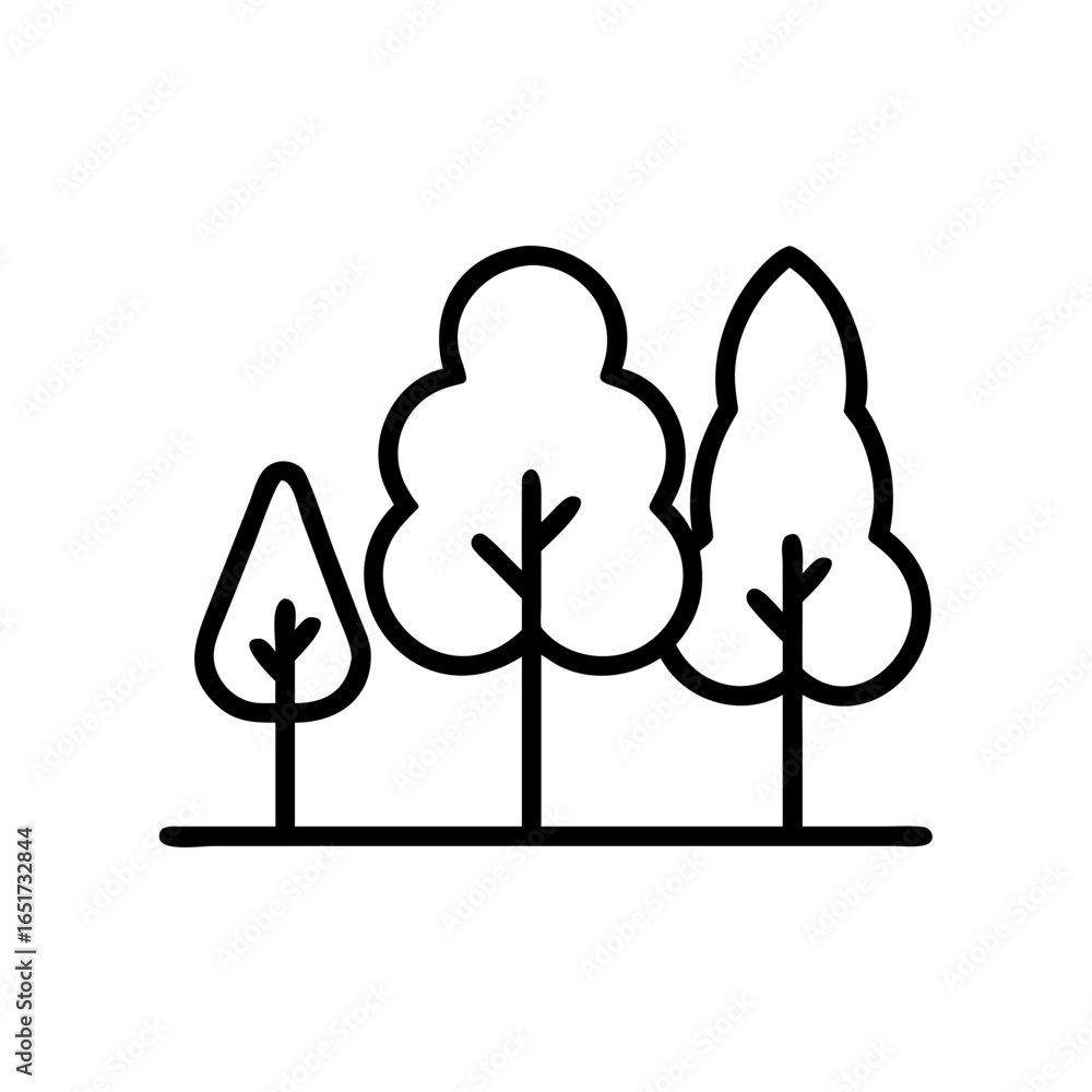 Poster three stylized trees with different crown shapes in a simple black outline on a white background sce