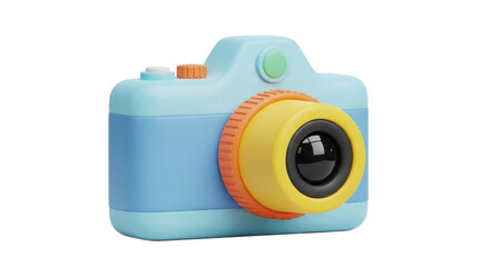 A cute, cartoon-style 3D rendering of a blue and yellow toy camera with orange accents, isolated on a white background.