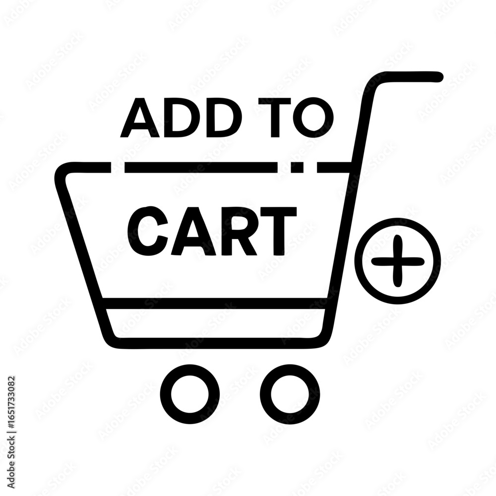 Poster add to cart icon featuring a shopping cart with plus sign in black and white minimalist design style