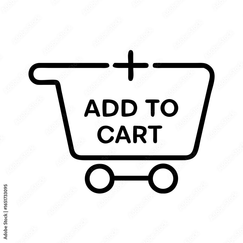 Poster outline style shopping cart with add to cart text and plus sign for commerce and retail concept use