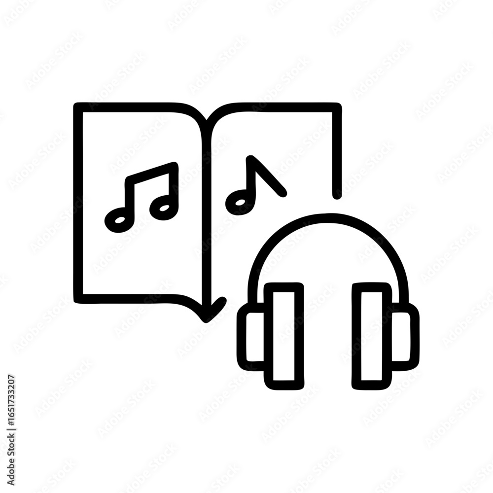 Poster outline drawing of an open book with music notes and an arrow pointing towards headphones icon desig