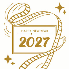 Elegant golden film reel design celebrating happy new year 2027 with sparkling stars and festive motion graphics