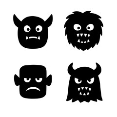 Fototapeta premium Black spooky monster silhouettes with horns and teeth for Halloween themed designs and decorations, perfect for spooky season invitations and party favors