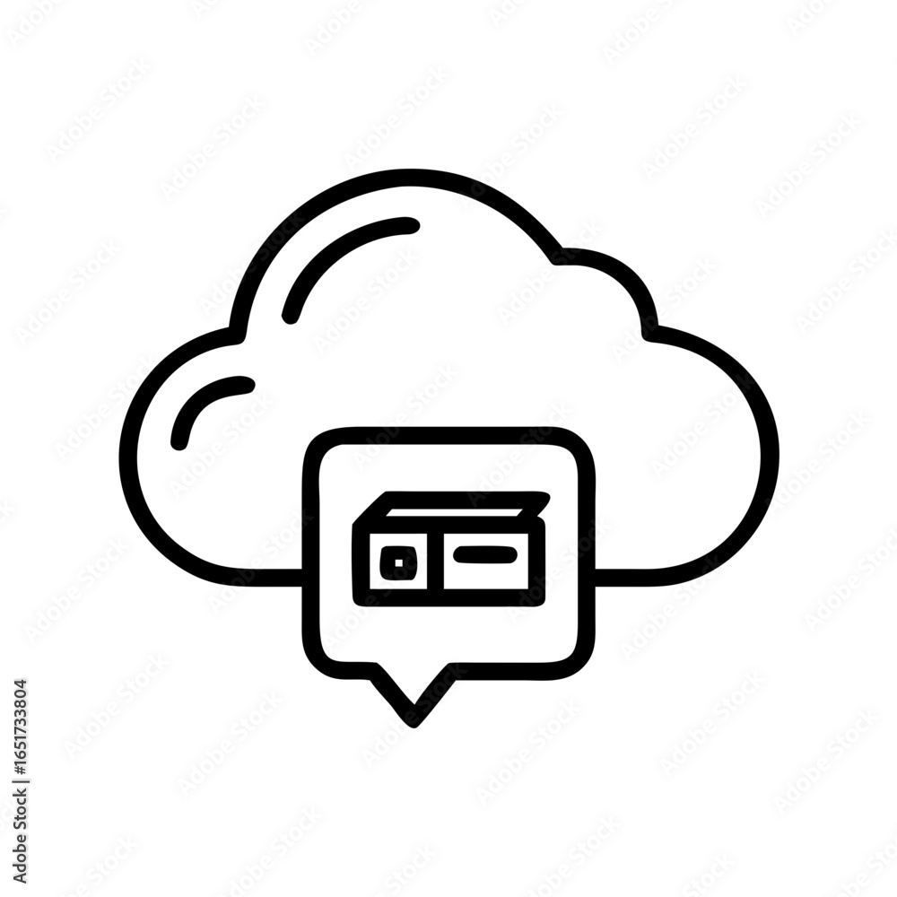 Poster cloud storage icon with box inside speech bubble representing data and information in a simple outli