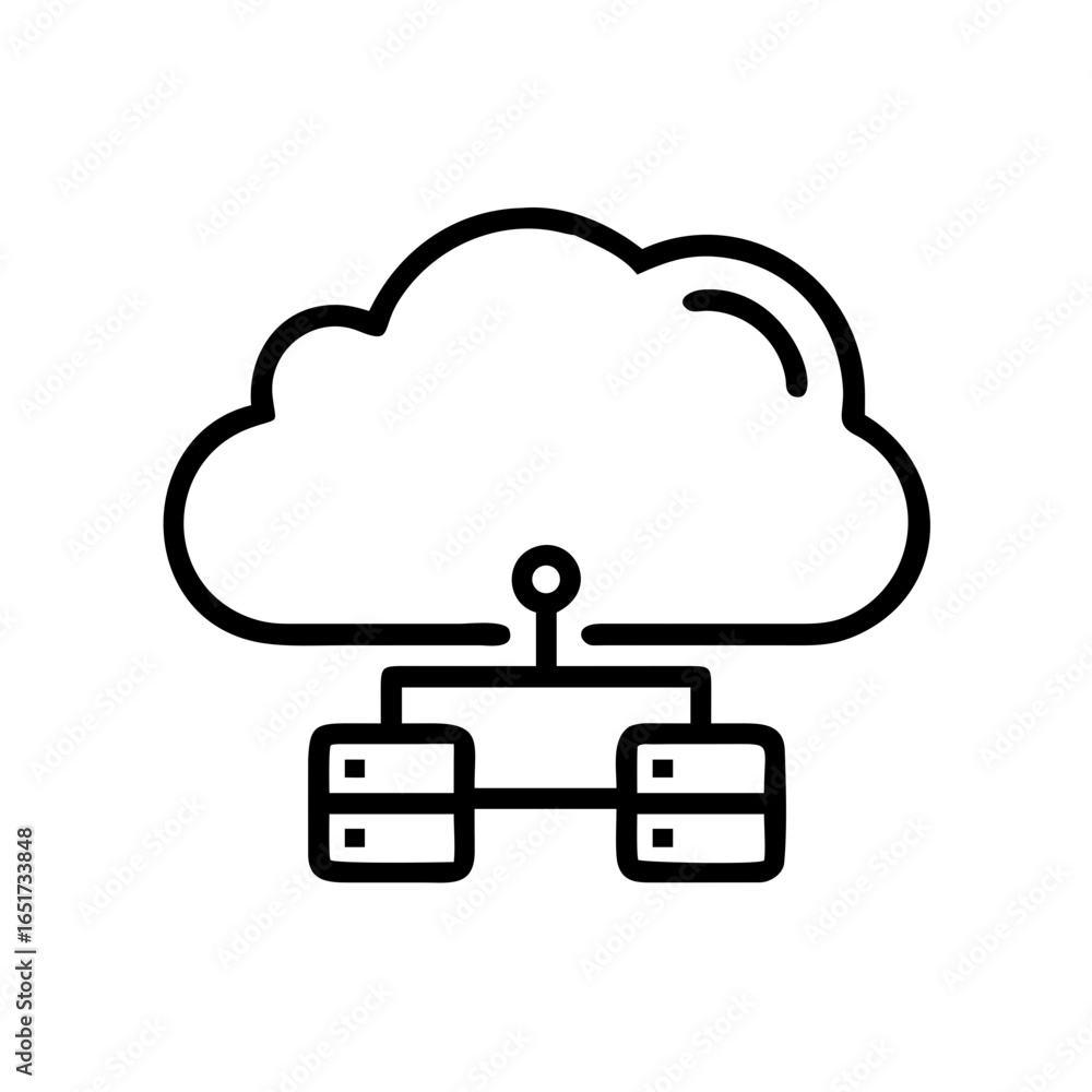 Fototapete cloud computing network diagram with two servers connected to a cloud in a simple line drawing style
