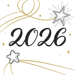Elegant script font calligraphy for the year 2026 with decorative gold ribbons and sparkling stars and dots creating a festive celebratory design