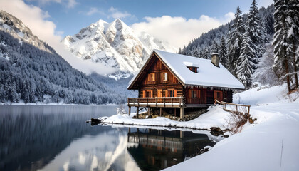 Fototapeta premium Wooden Cabin Beside Still Lake and Snow Covered Mountain Range during Winter Season