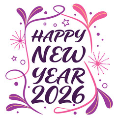 Obraz premium Happy new year 2026 festive greeting with purple and pink floral decorations and sparkling fireworks elements