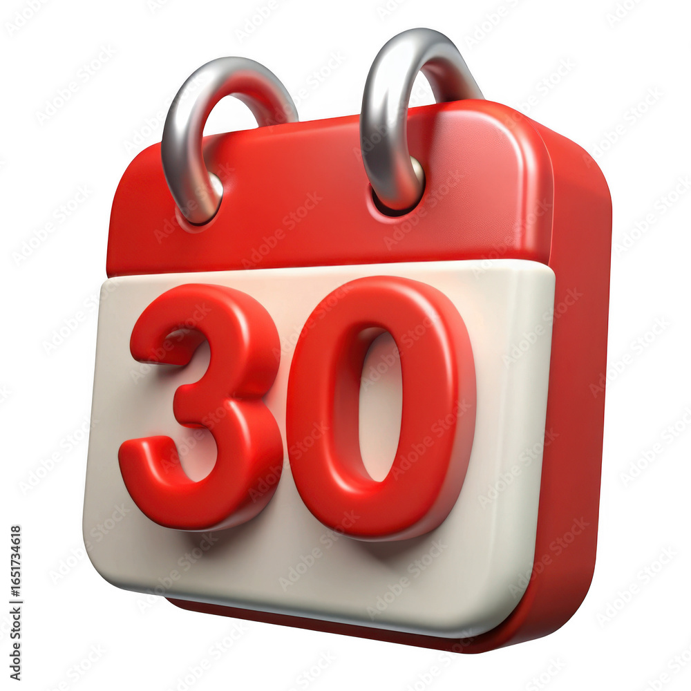 Poster 3d calendar page with number 30 isolated on transparent background