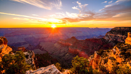Fototapeta premium Majestic Sunset Over Grand Canyon Scenic Landscape with Vibrant Orange Sky and Sunlight Illuminating Rocks