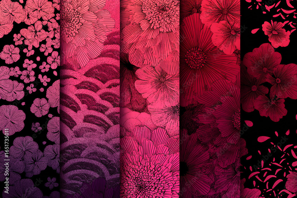 Poster geometric background made of tiles with different patterns of flowers in dark pink color. japanese s