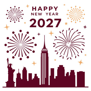 Celebrate happy new year 2027 with a festive fireworks display over the iconic new york city skyline featuring the statue of liberty and empire state building