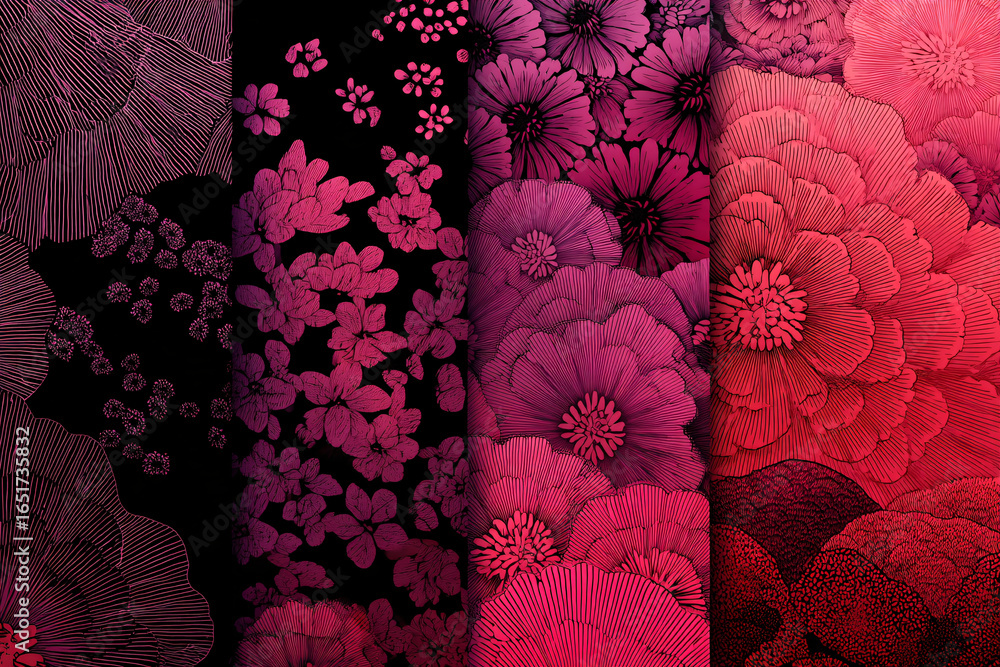Poster geometric background made of tiles with different patterns of flowers in dark pink color. japanese s