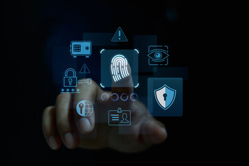 Futuristic fingerprint scanning technology with cybersecurity icons, data protection, biometric authentication and secure access system concept for online safety and digital privacy.
