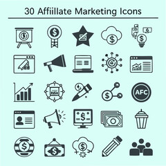 Collection of 30 affiliate marketing icons representing various aspects of online business growth and financial success