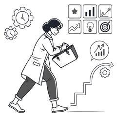A determined woman in a lab coat carries a briefcase symbolizing progress and success as she ascends a staircase towards business growth and achievement