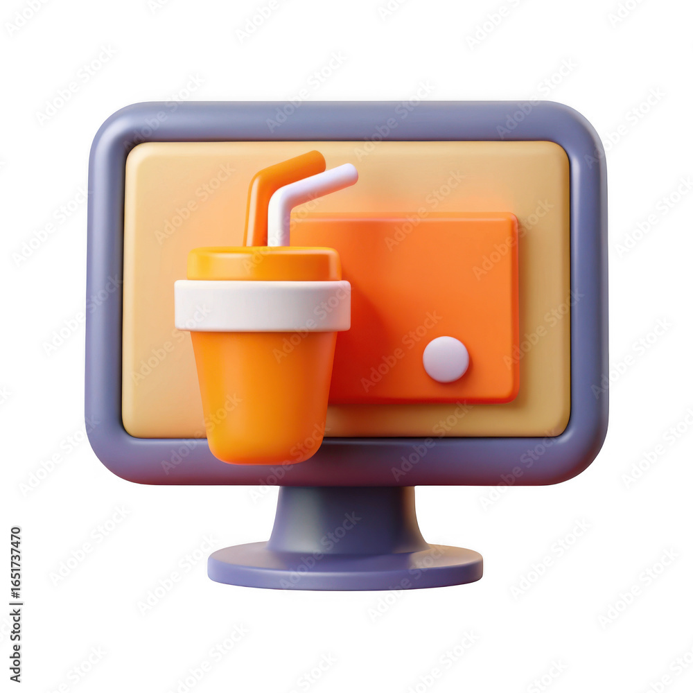 Poster 3d computer monitor displaying a beverage cup isolated on transparent background