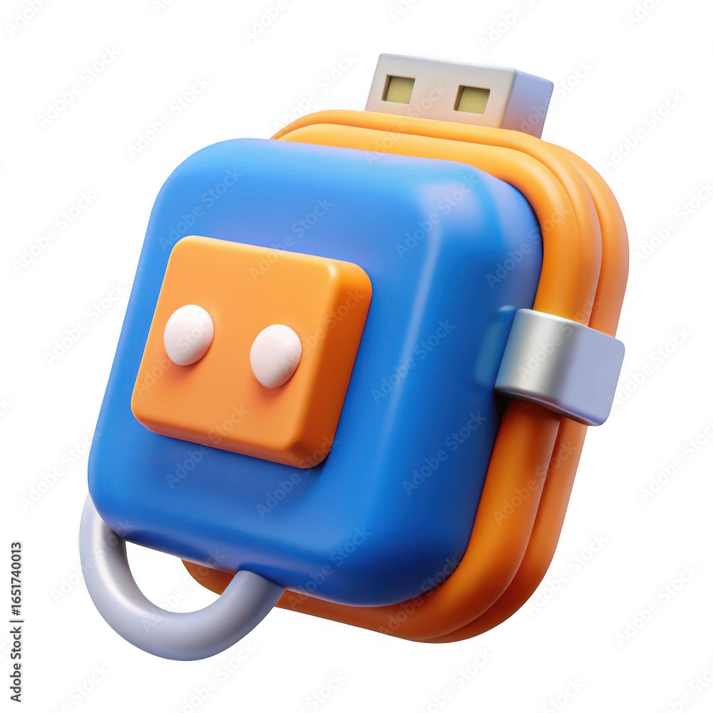 Poster 3d cartoon usb flash drive with keychain loop isolated on transparent background