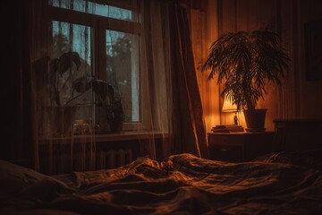 Warm, dimly lit bedroom at night