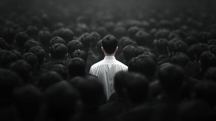 Man in White Shirt Standing Among Crowd of Men in Black Shirts: The Chosen One, Concept of Different Contrast Opinions