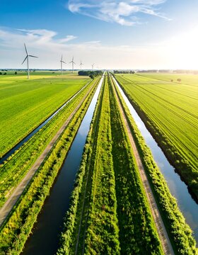 Aerial view of parallel canals cutting through verdant farmland, with wind turbines in the distance under a bright sky