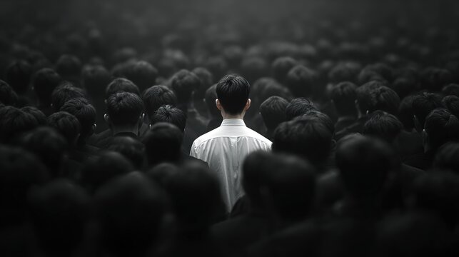 Man in White Shirt Standing Among Crowd of Men in Black Shirts: The Chosen One, Concept of Different Contrast Opinions