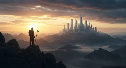 Adventurer Gazing at Distant Sci-Fi City from Mountain Top at Sunset