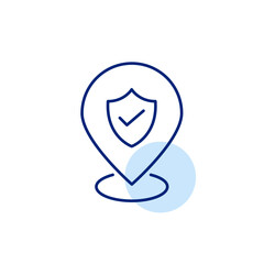 Verified location, trusted place, secure destination, approved address, protected area. Map pointer, shield and checkmark. Pixel perfect, editable stroke vector icon