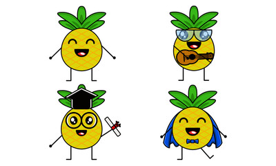Cute pineapple character mascot set. Cartoon fruit in various costumes. Vector bundle