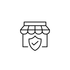 Certified e-commerce safety, safe online shopping. Store, shield and checkmark. Pixel perfect, editable stroke vector icon