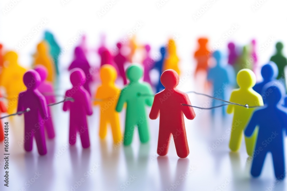 Poster this image depicts colorful plastic figures connected by thread, symbolizing community unity and col