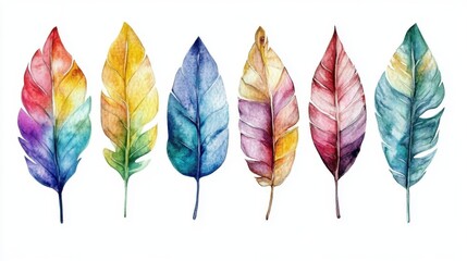 Obraz premium A stunning collection of six colorful watercolor leaves featuring vibrant hues. Perfect for nature enthusiasts, art projects, or creative designs that celebrate the beauty of foliage.